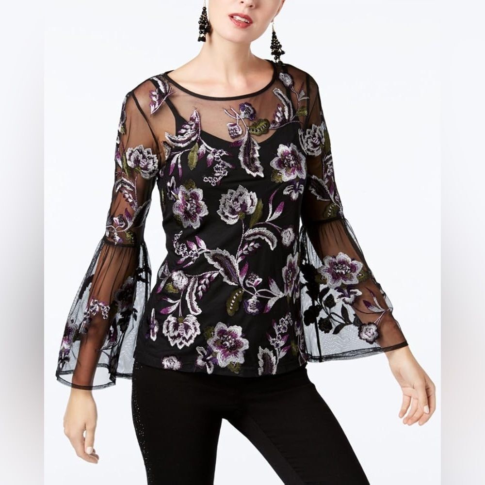 (T2) INC International Concepts Black PS top with floral embroidery, Y2K - Picture 2 of 13